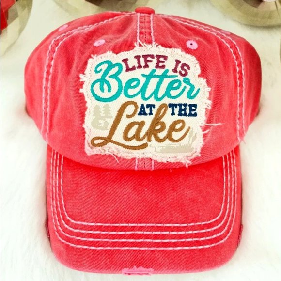 KBETHOS Accessories - Ball Cap. "Life is Better at the Lake". Embroidered. Coral/Multi.